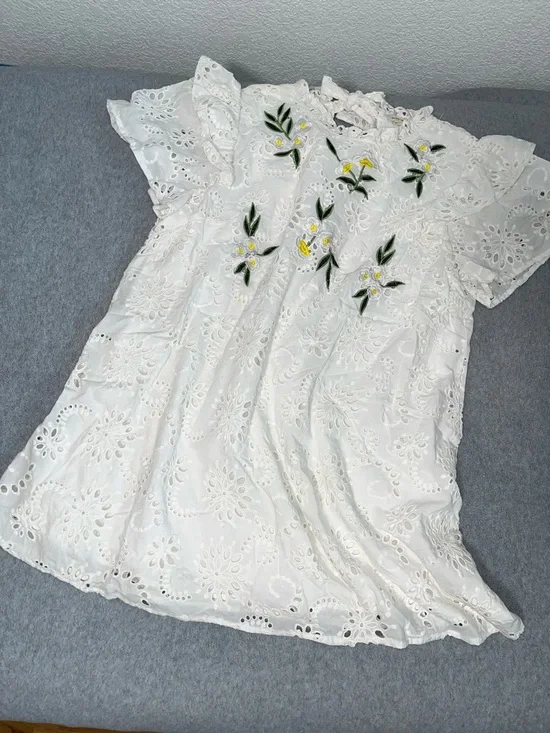 Cottagecore Fairy White Ruffle Mini Dress Large Embroidered Eyelet Kawaii - Picture 11 of 11